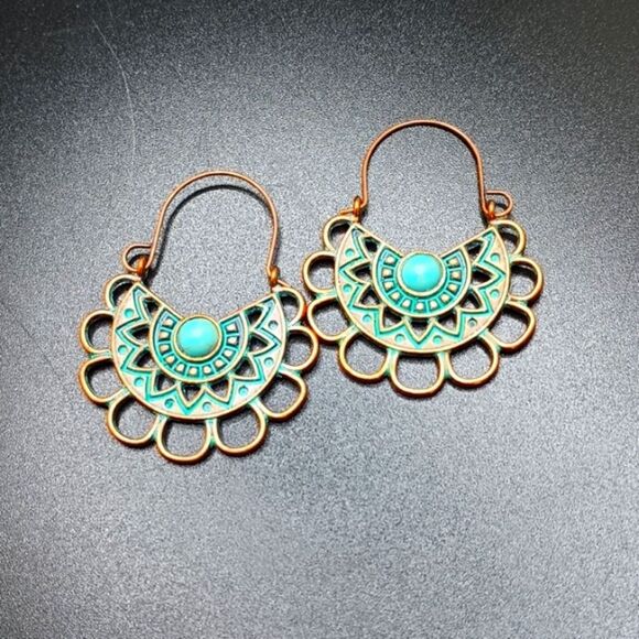 Copper turquoise tribal earrings boho ethnic design - Picture 1 of 3